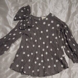 DOU UOD girls's dress size4A grey w/white dots longsleeves big bow on top party